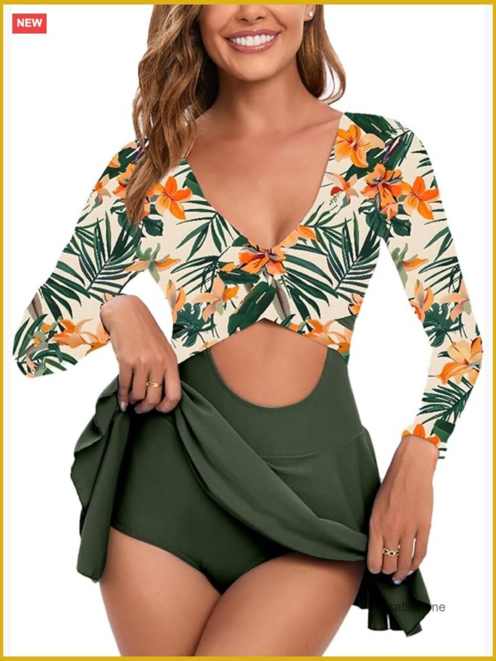 Long Sleeve UPF 50+ Rash Guard One Piece Swim Dress with Removable Pads